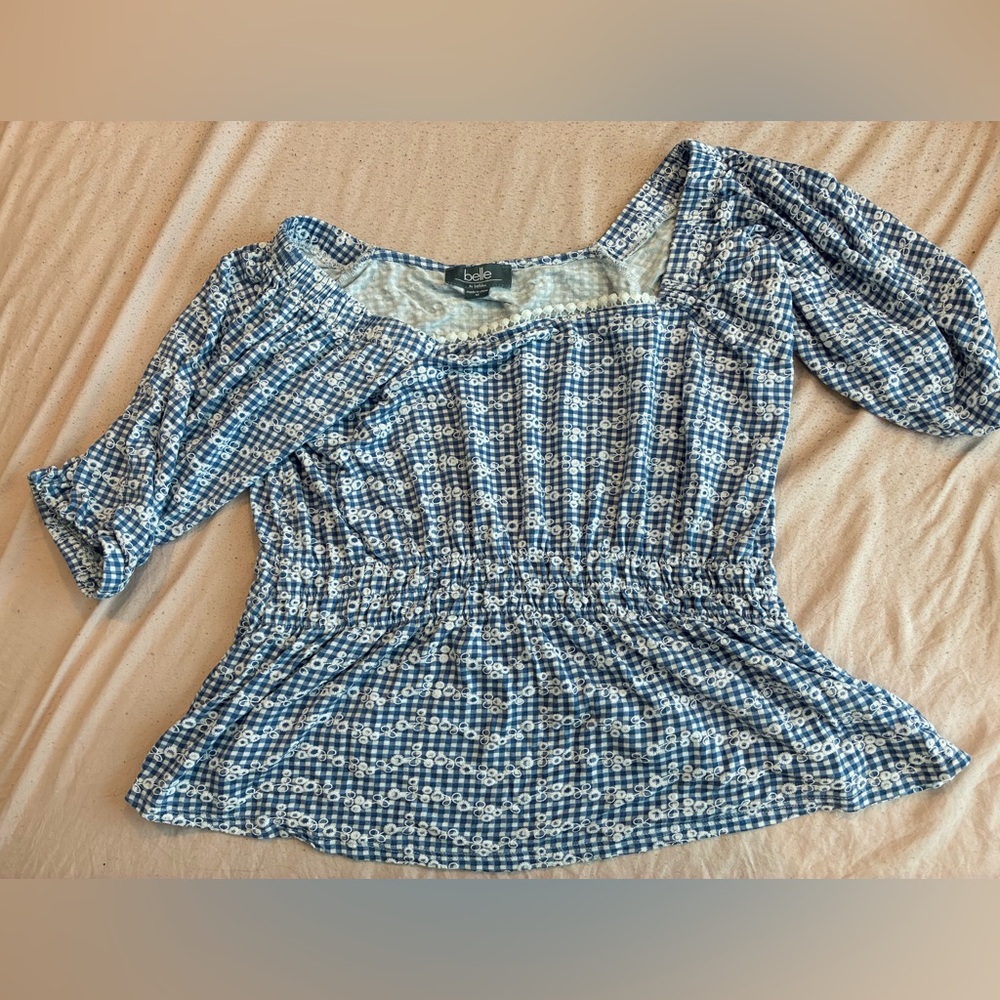 Belldini Blue and White Gingham Puff Sleeve Smocked Blouse